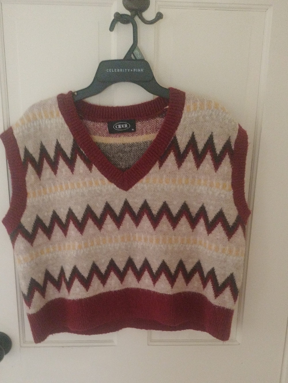 Cider Sweater Vest with Burgundy Zigzag Trim